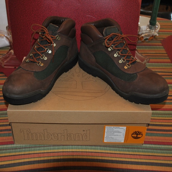 brown and green timberland field boots